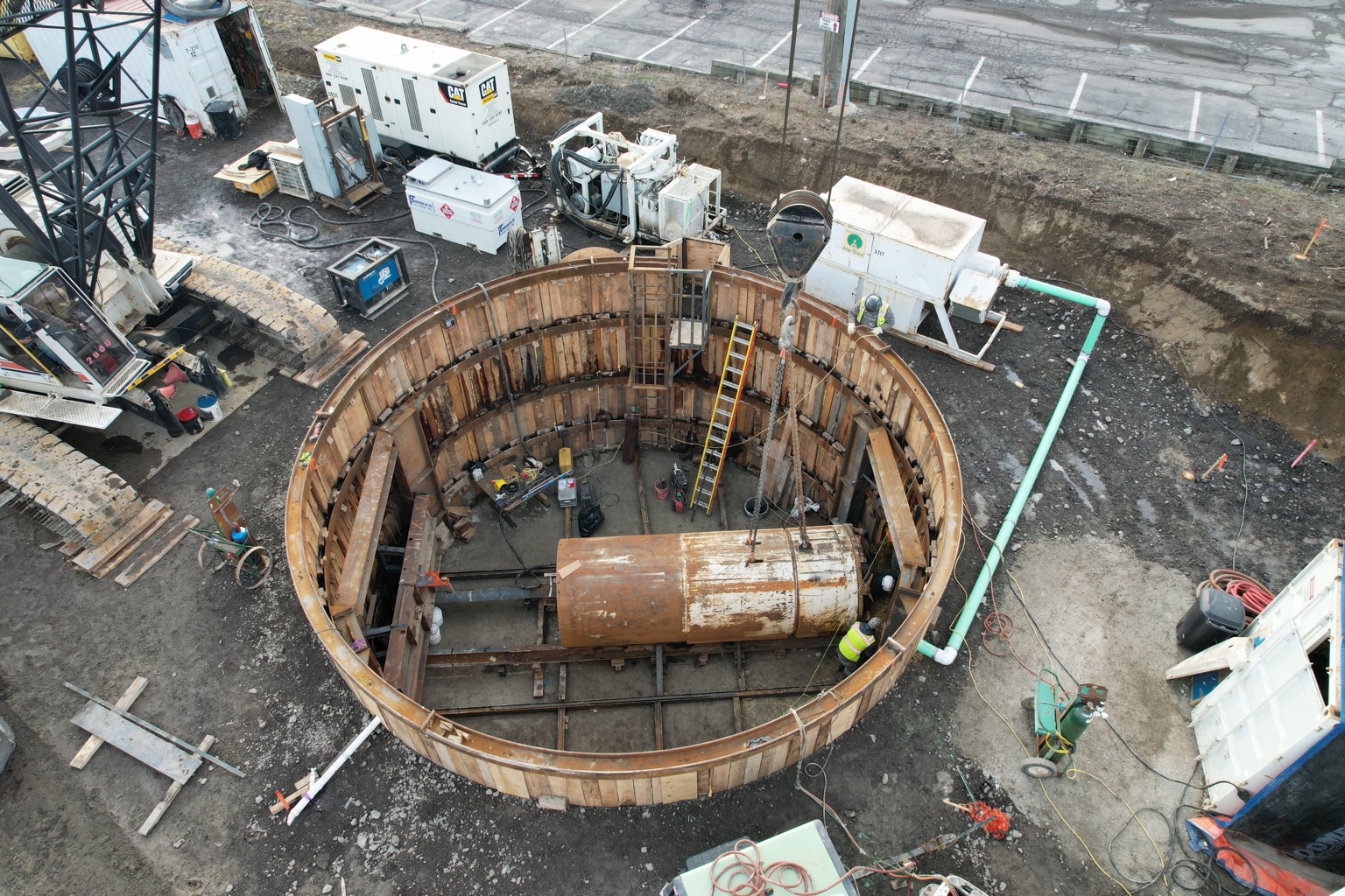 Drone view into a circular construction shaft